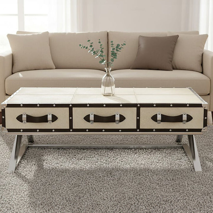 Mango Wood Three-Drawer Coffee Table with Leather Handles Black Trim and Stud Detailing | Kensington Townhouse