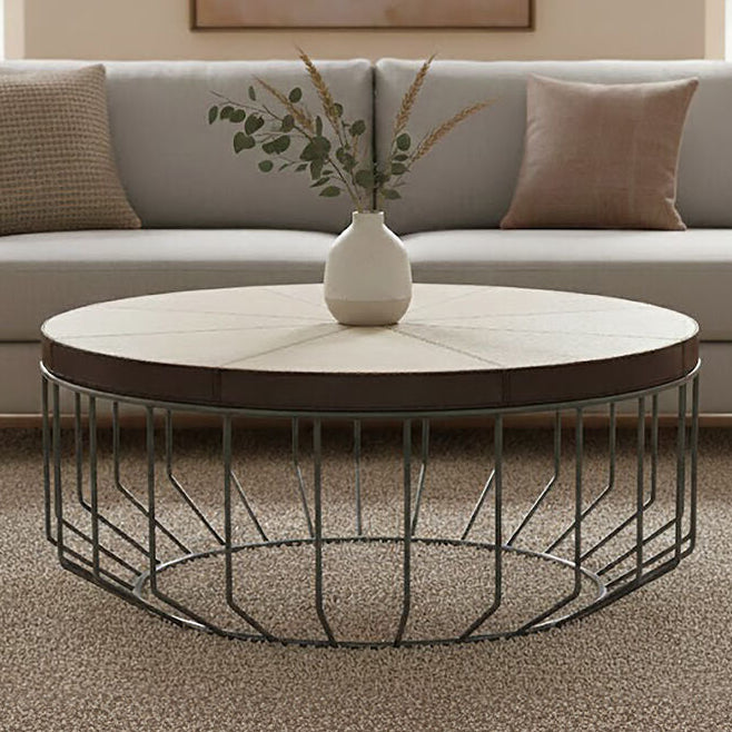 Genuine Leather Coffee Table with Distressed Grey Iron Cage Base | Kensington Townhouse