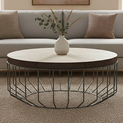 Genuine Leather Coffee Table with Distressed Grey Iron Cage Base | Kensington Townhouse