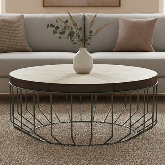 Genuine Leather Coffee Table with Distressed Grey Iron Cage Base | Kensington Townhouse