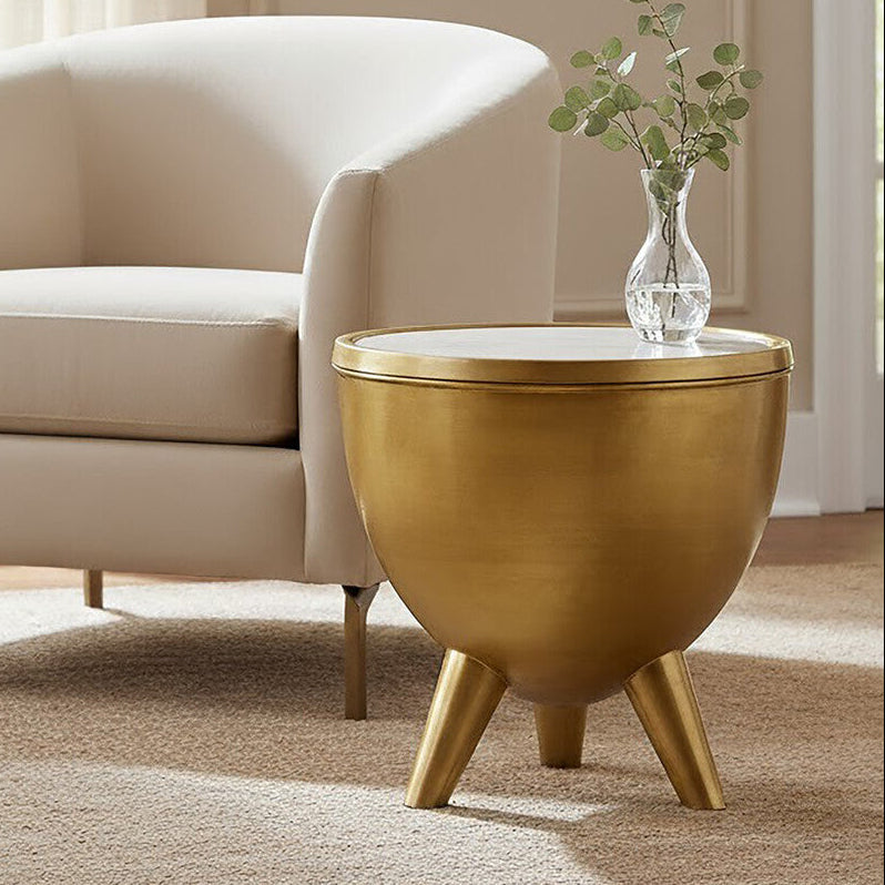 Gold Metallic Finish Side Table with Natural White Marble Top and Tapered Legs | Crest