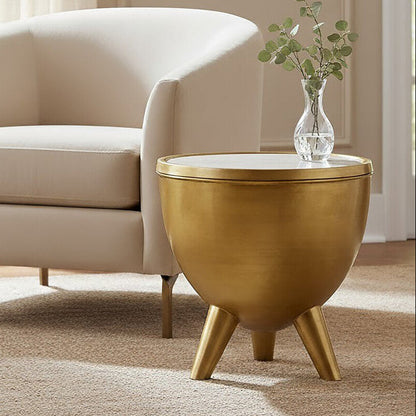 Gold Metallic Finish Side Table with Natural White Marble Top and Tapered Legs | Crest