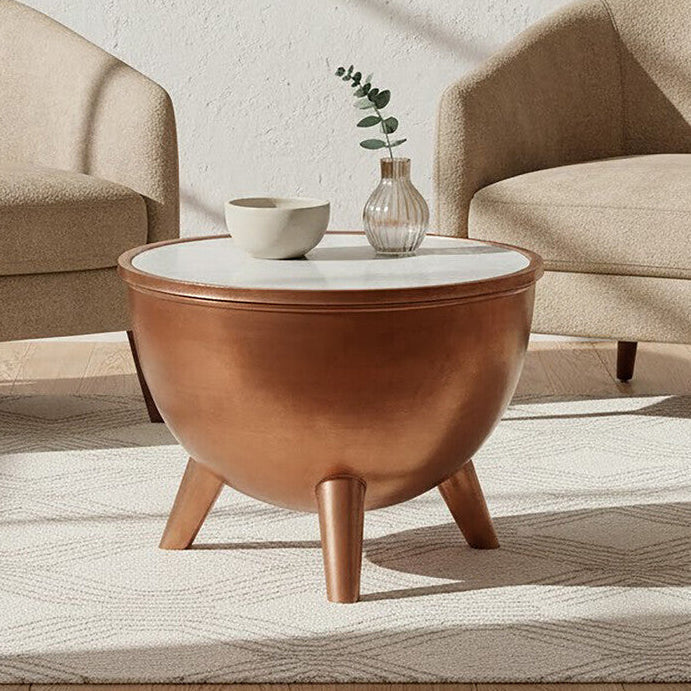 Copper Metallic Finish Coffee Table with Natural White Marble Top and Tapered Legs | Crest
