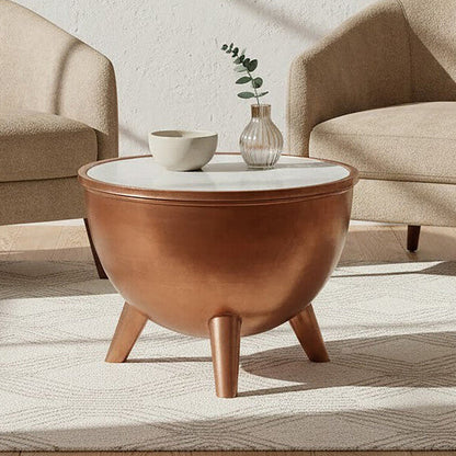Copper Metallic Finish Coffee Table with Natural White Marble Top and Tapered Legs | Crest
