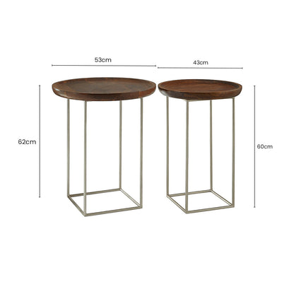 Set of 2 Side Tables with Reflective Silver Iron Legs and Wood Tops | Crest