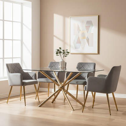 Clear Tempered Glass Top Dining Table with Rose Gold Metallic Sphere Base | Novo