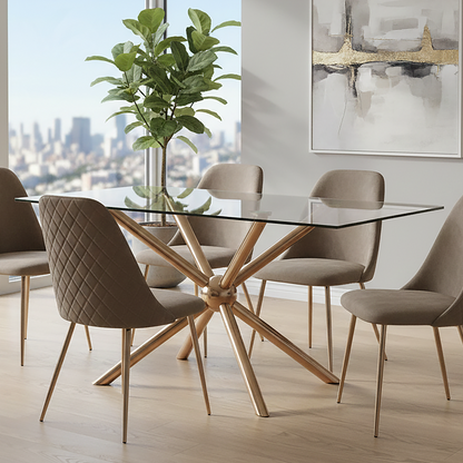 Clear Tempered Glass Top Dining Table with Rose Gold Metallic Sphere Base | Novo
