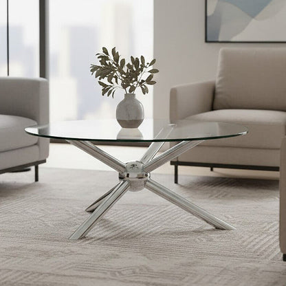 Round Silver Coffee Table with Tempered Glass Top | Novo