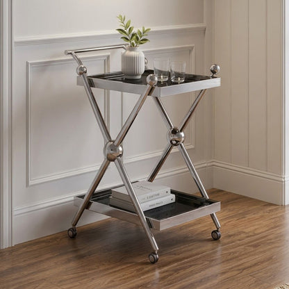 2 Tier Silver and Black Trolley with Glass Top in Cross Design | Novo