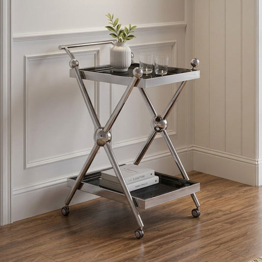 2 Tier Silver and Black Trolley with Glass Top in Cross Design | Novo