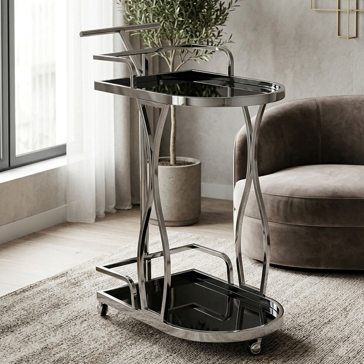 Black Glass and Silver Frame 2 Tier Trolley | Novo
