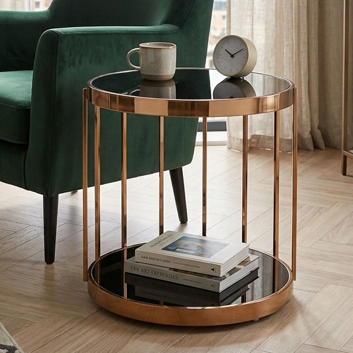 Rose Gold Steel Cage Design Frame Side Table with Tempered Black Glass | Novo