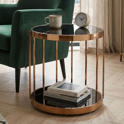 Rose Gold Steel Cage Design Frame Side Table with Tempered Black Glass | Novo