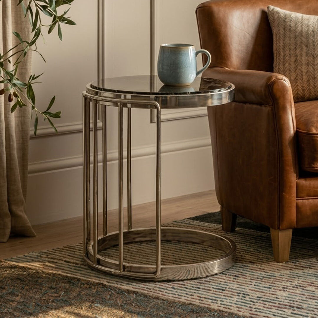 Silver Steel Cage Design Frame Side Table with Tempered Black Glass | Novo