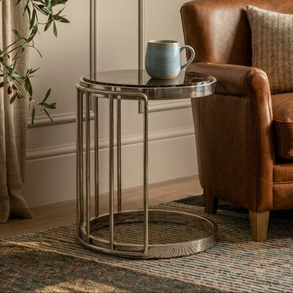 Silver Steel Cage Design Frame Side Table with Tempered Black Glass | Novo