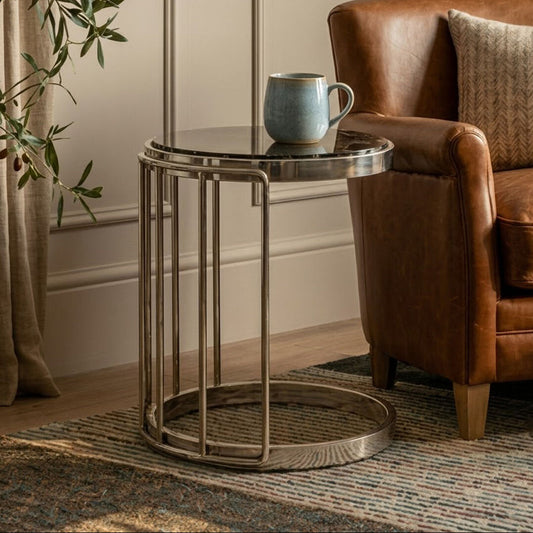 Silver Steel Cage Design Frame Side Table with Tempered Black Glass | Novo