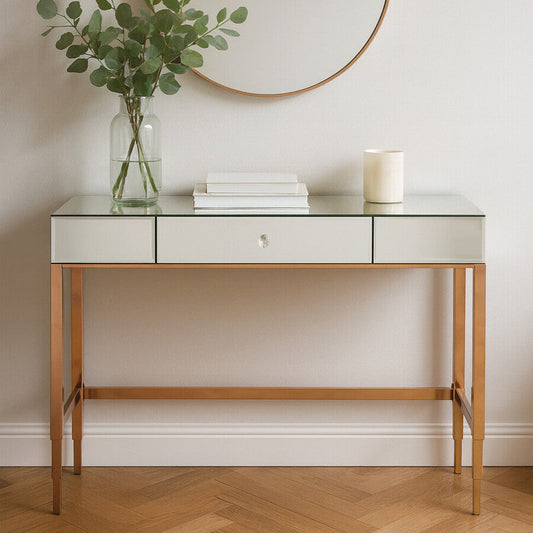 Rose Gold Console Table with Mirrored Glass Top and Drawer | Goldie