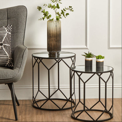 Avantis Mirror and Black Metal Set Of 2 Side Tables