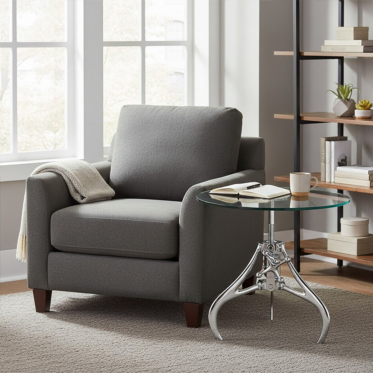 Clear Glass Top Accent Table with Silver Height Adjustable Crank Mechanism Metal Frame | Maxi