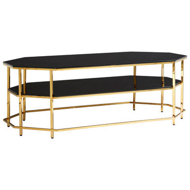 Black Tempered Glass Two-Tier Coffee Table with Warm Gold Stainless Steel Hexagonal Frame | Arezzo