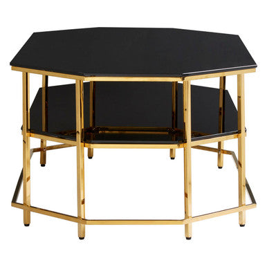 Black Tempered Glass Two-Tier Coffee Table with Warm Gold Stainless Steel Hexagonal Frame | Arezzo