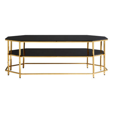 Black Tempered Glass Two-Tier Coffee Table with Warm Gold Stainless Steel Hexagonal Frame | Arezzo