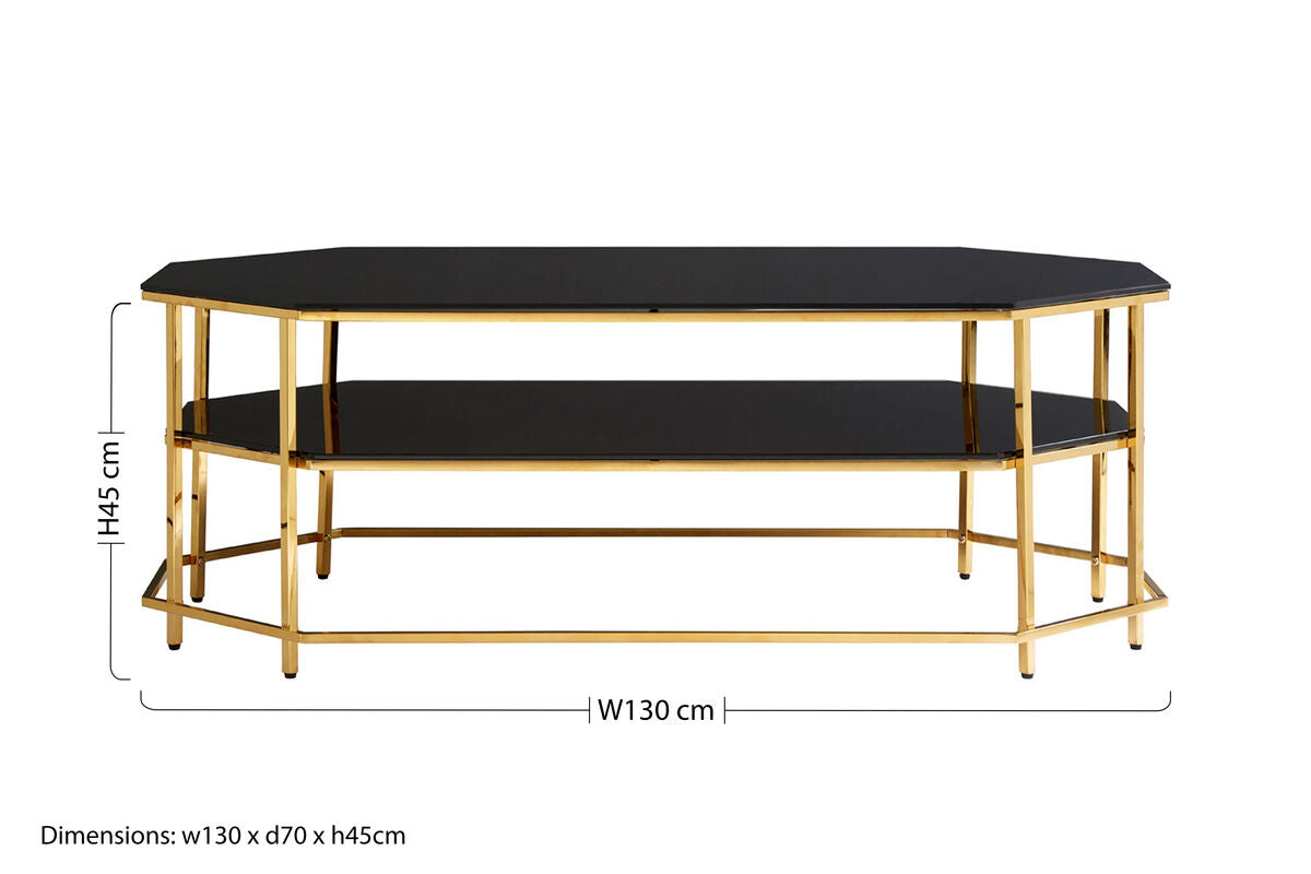 Black Tempered Glass Two-Tier Coffee Table with Warm Gold Stainless Steel Hexagonal Frame | Arezzo