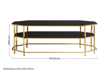 Black Tempered Glass Two-Tier Coffee Table with Warm Gold Stainless Steel Hexagonal Frame | Arezzo