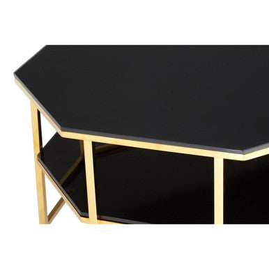 Black Tempered Glass Two-Tier Coffee Table with Warm Gold Stainless Steel Hexagonal Frame | Arezzo
