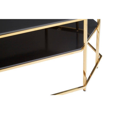 Black Tempered Glass Two-Tier Coffee Table with Warm Gold Stainless Steel Hexagonal Frame | Arezzo