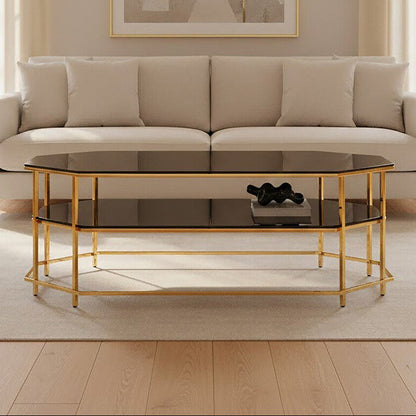 Black Tempered Glass Two-Tier Coffee Table with Warm Gold Stainless Steel Hexagonal Frame | Arezzo