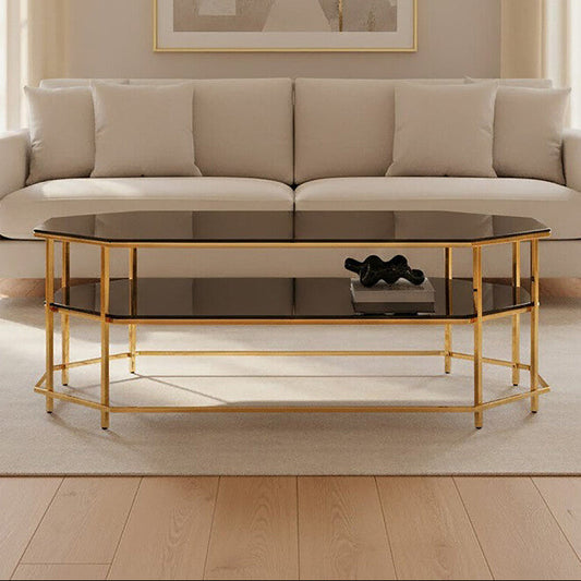 Black Tempered Glass Two-Tier Coffee Table with Warm Gold Stainless Steel Hexagonal Frame | Arezzo