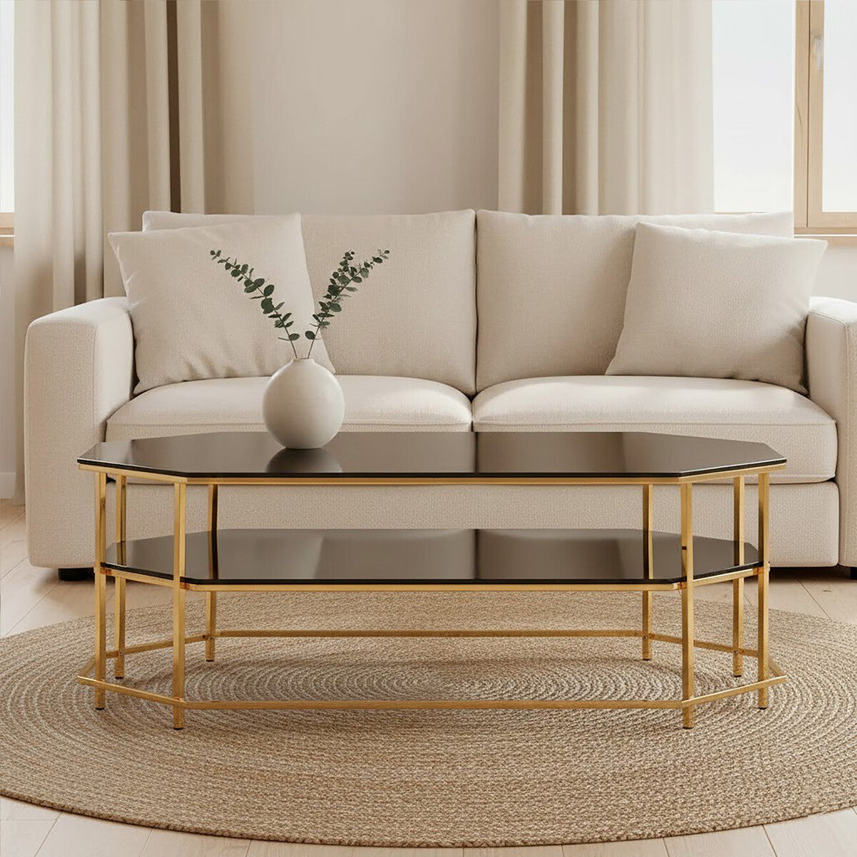 Black Tempered Glass Two-Tier Coffee Table with Warm Gold Stainless Steel Hexagonal Frame | Arezzo