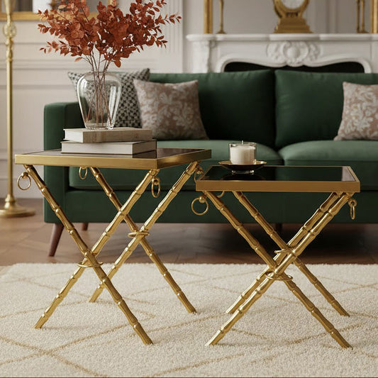 Set of 2 Gold Finish Stainless Steel Frame Nesting Tables with Black Glass Tops | Arezzo