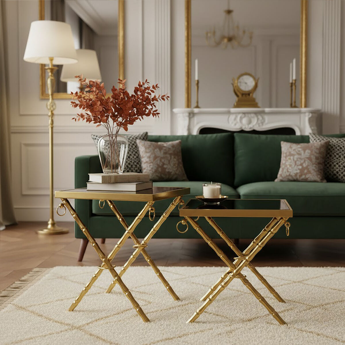 Set of 2 Gold Finish Stainless Steel Frame Nesting Tables with Black Glass Tops | Arezzo