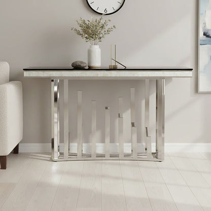 Rectangular Black Tempered Glass Top Console Table with Silver Steel Frame | Eliza