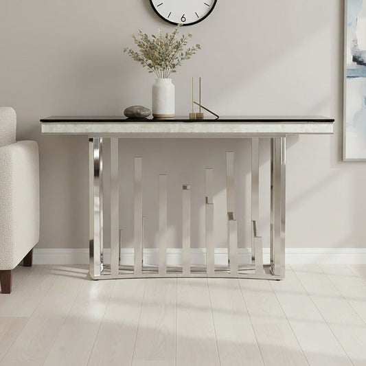 Rectangular Black Tempered Glass Top Console Table with Silver Steel Frame | Eliza