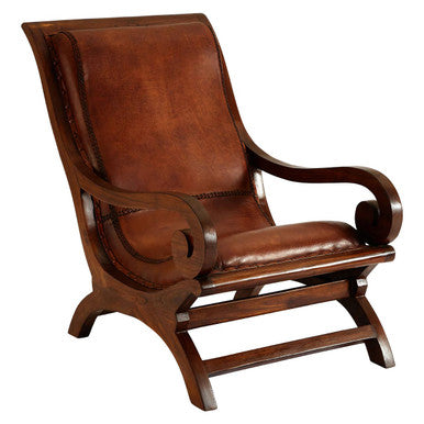 Inca Brown Leather Lounge Chair and Footstool with Teak Wood Frame