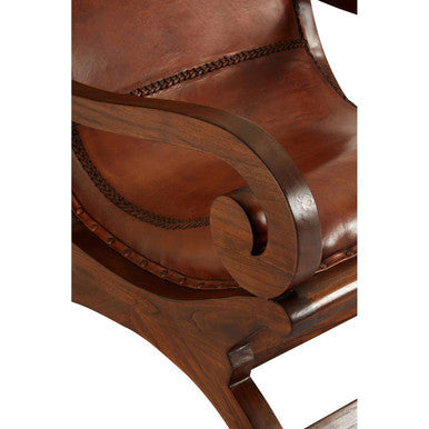 Inca Brown Leather Lounge Chair and Footstool with Teak Wood Frame