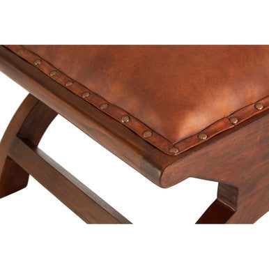 Inca Brown Leather Lounge Chair and Footstool with Teak Wood Frame