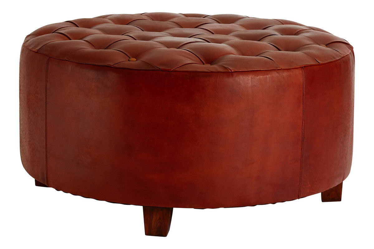 Inca Round Button Tufted Antique Brown Leather Large Stool