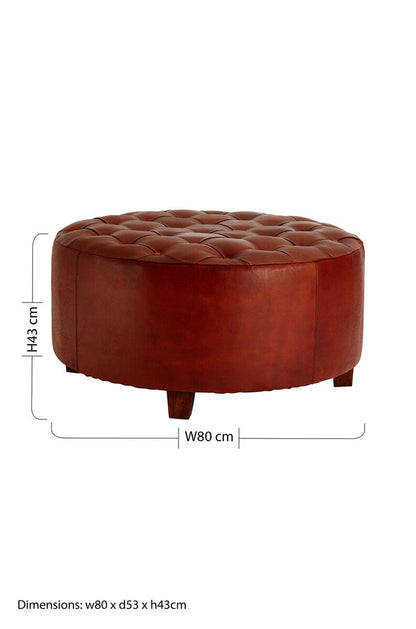 Inca Round Button Tufted Antique Brown Leather Large Stool
