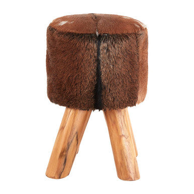 Inca Brown Goat Hide Hair on Leather  Round Stool
