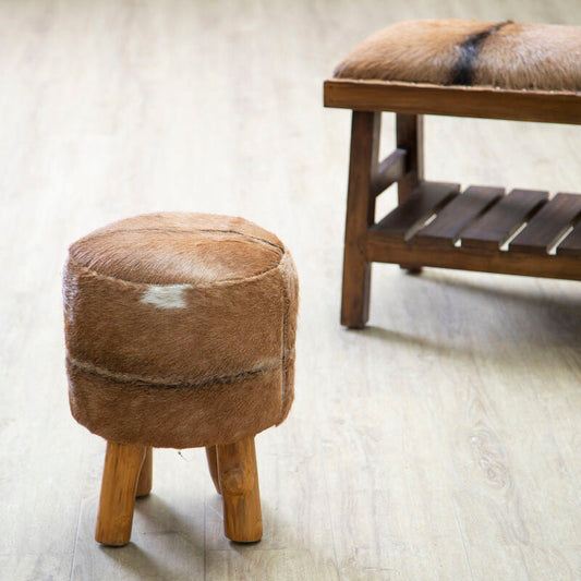 Inca Brown Goat Hide Hair on Leather  Round Stool