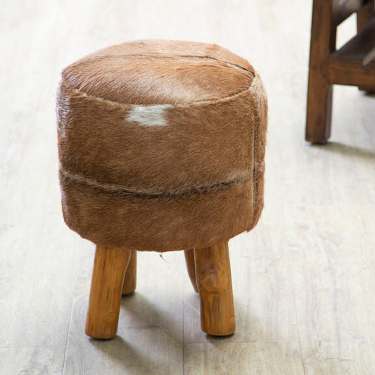 Inca Brown Goat Hide Hair on Leather  Round Stool