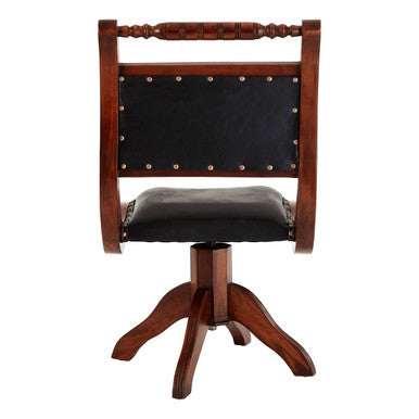 Inca Black Leather and Teak Wood Swivel Chair
