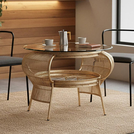 Clear Glass Top Table with Champagne Gold Bamboo and Iron Frame | Mantis