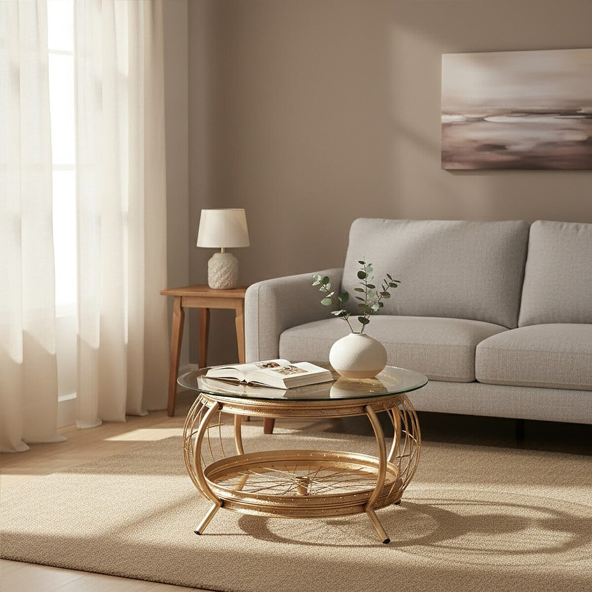 Clear Glass Top Coffee Table with Champagne Gold Finish Bamboo and Iron Frame | Mantis
