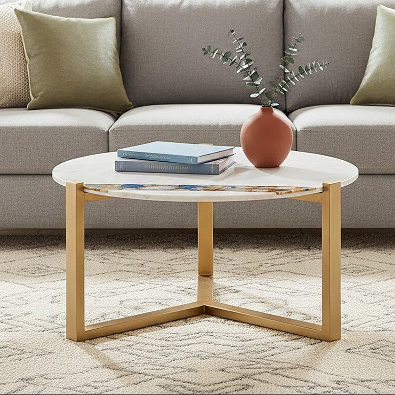 White Marble and Agate Top Round Coffee Table with Brass Iron Legs | Vizzini