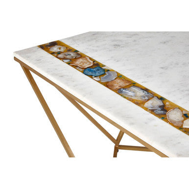 White Marble Top Square Coffee Table with Semi Precious Agate Stone Inlay | Vizzini